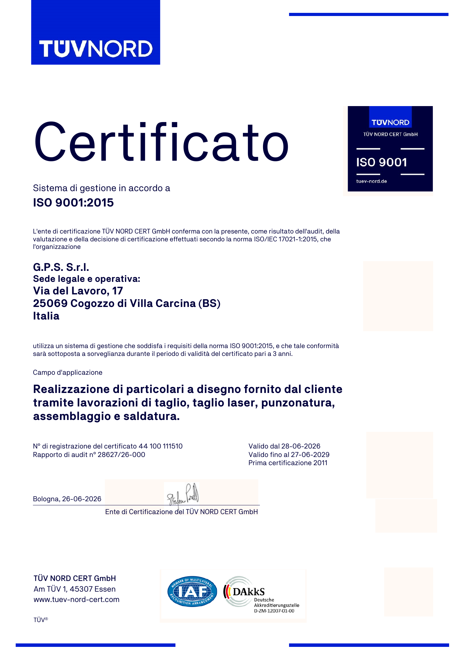 Certificazione UNI EN ISO 9001:2015 di GPS s.r.l.